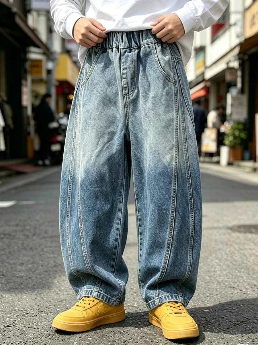 Boys Loose Straight Leg Cargo Denim Jeans With Large Pockets