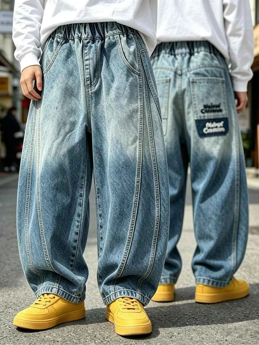 Boys Loose Straight Leg Cargo Denim Jeans With Large Pockets