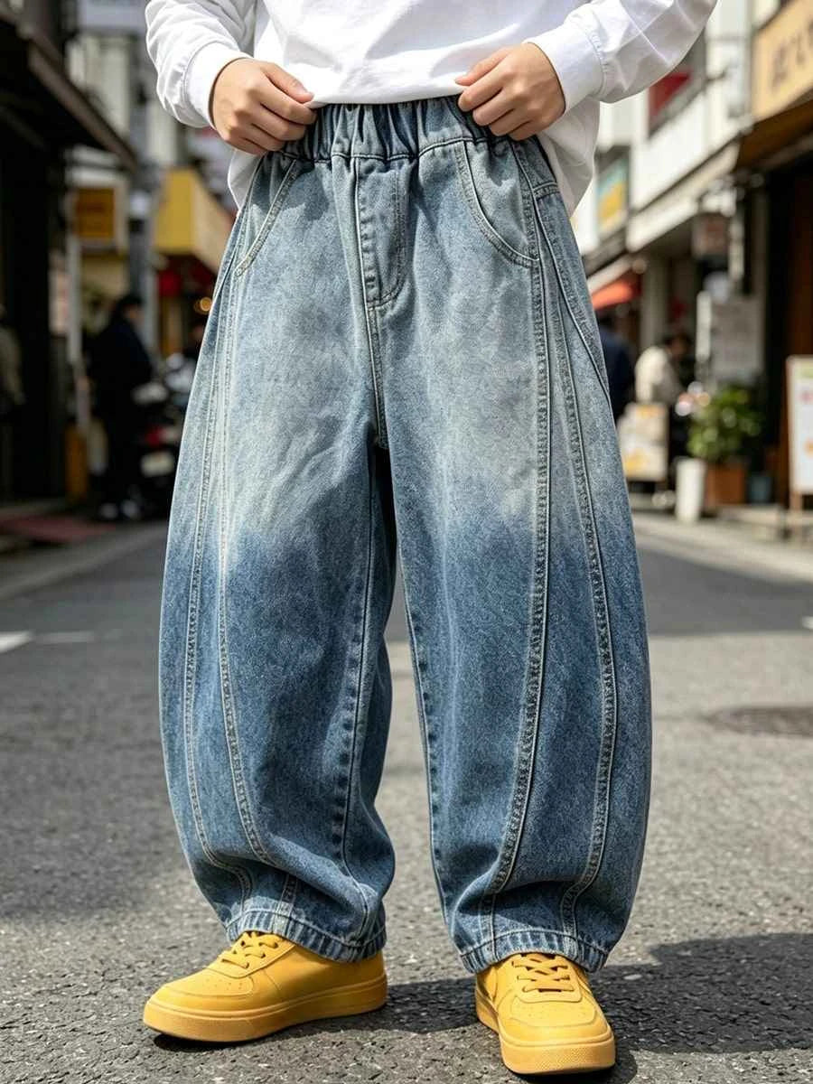 Boys Loose Straight Leg Cargo Denim Jeans With Large Pockets
