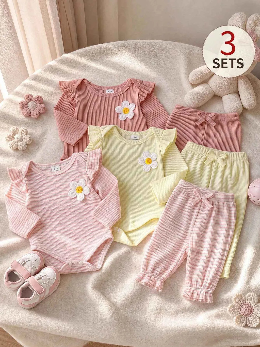 3 Sets Baby Girls Bodysuit and Pants Set