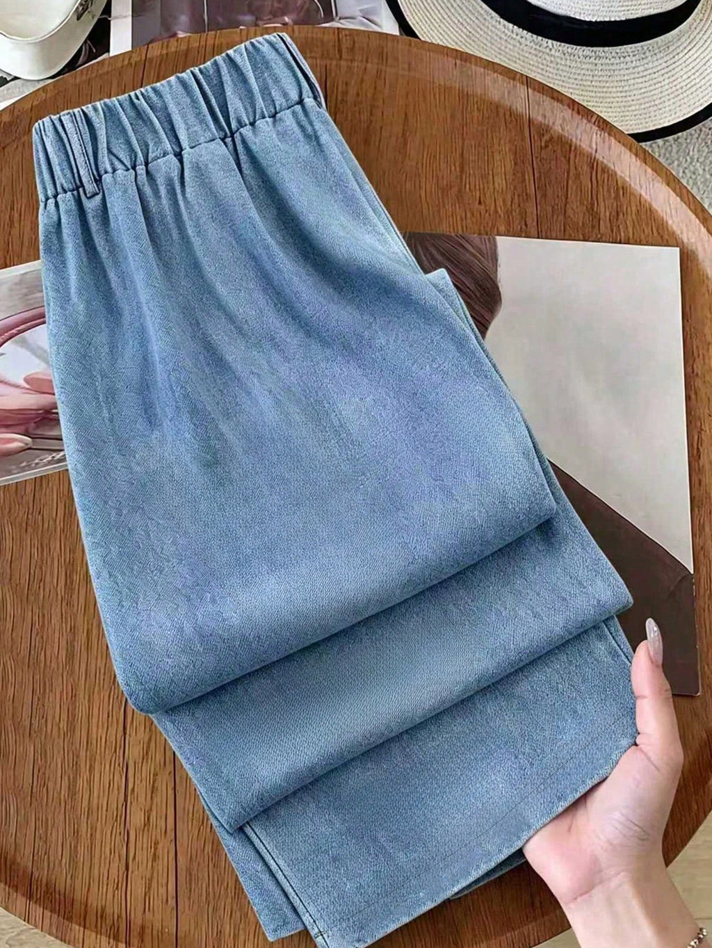 Plus Size Light Blue And White Color Block Pants Fall