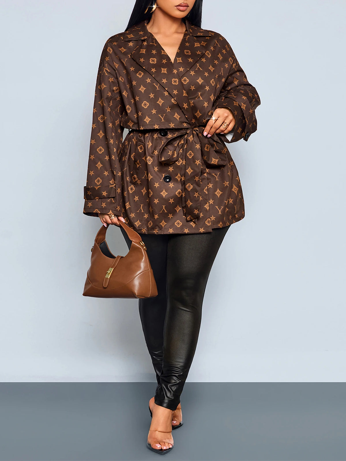 Louis Vuitton Inspired Double-Breasted Tie-Front Trench Coat