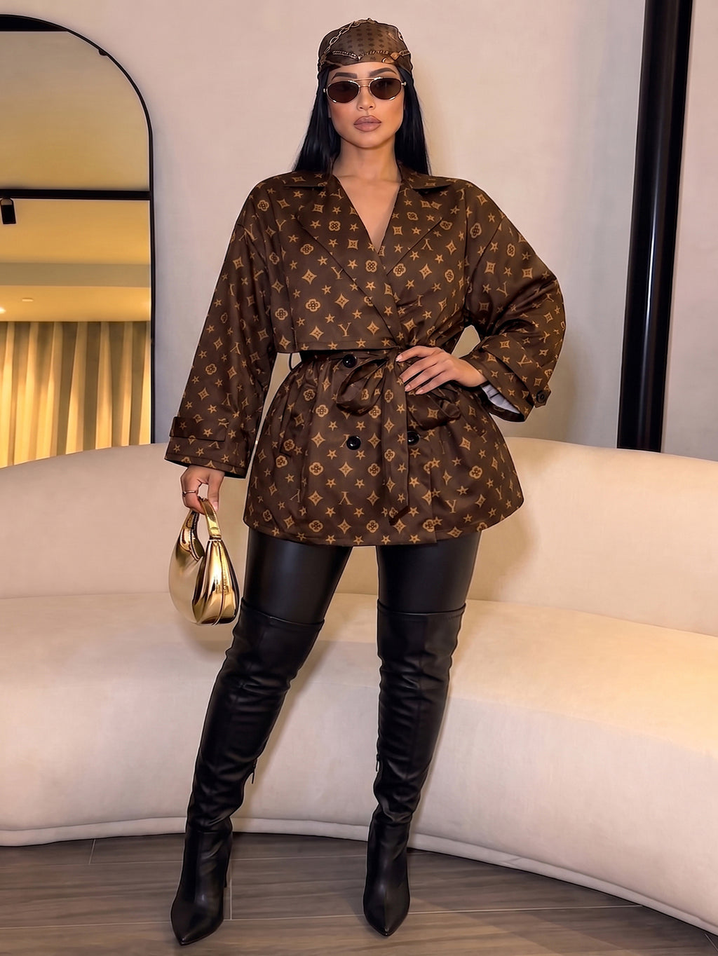 Louis Vuitton Inspired Double-Breasted Tie-Front Trench Coat - Brown