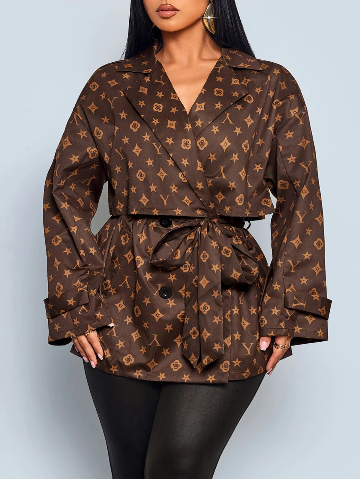 Louis Vuitton Inspired Double-Breasted Tie-Front Trench Coat
