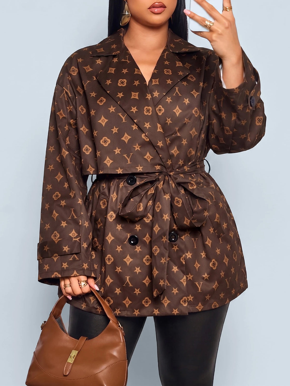 Louis Vuitton Inspired Double-Breasted Tie-Front Trench Coat