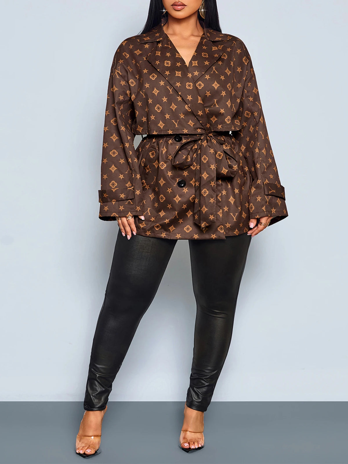Louis Vuitton Inspired Double-Breasted Tie-Front Trench Coat