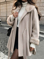 Women's Casual Wool Belted Coat With Faux Fur