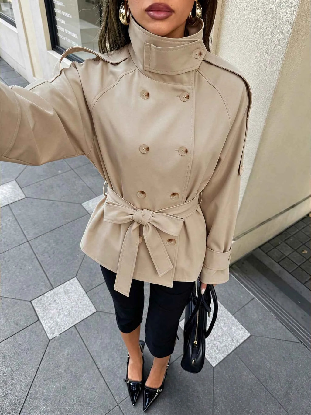 High Neck Long Sleeve Loose Fit Plus Size Trench Coat