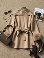 Women's Furry Cuff Lapel Belted A-Line Tweed Coat Jacket