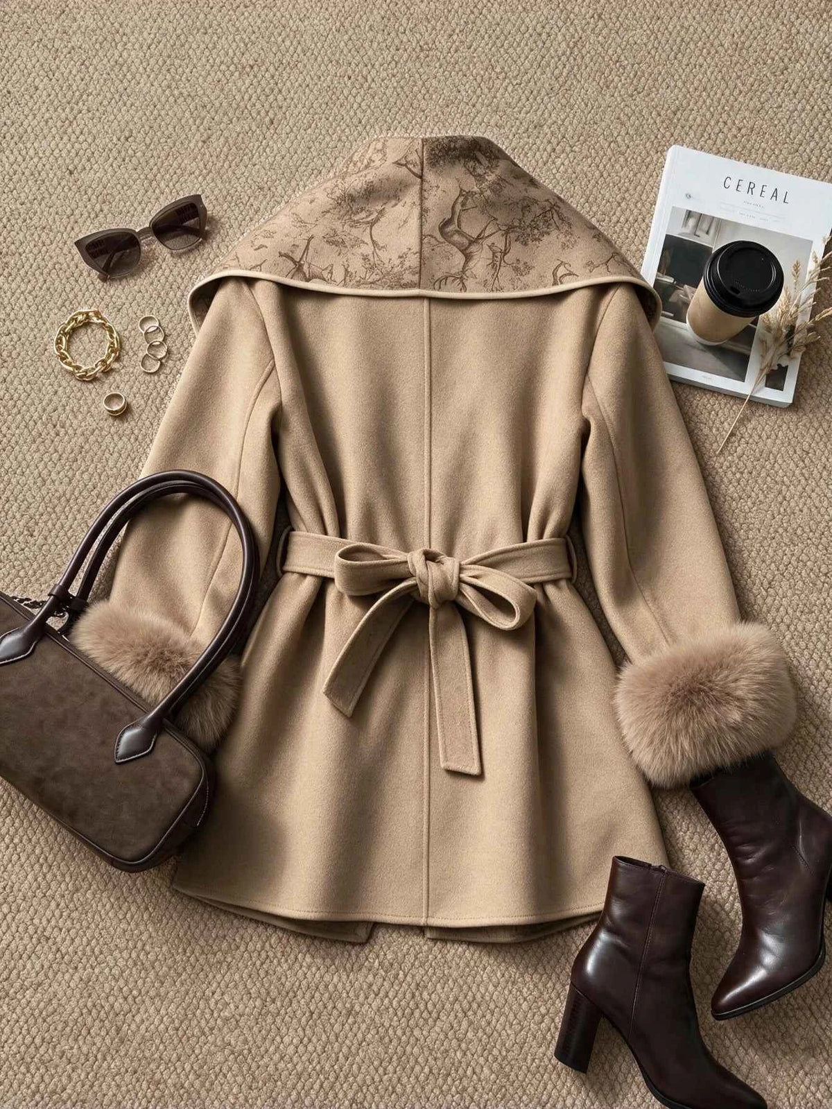 Women's Furry Cuff Lapel Belted A-Line Tweed Coat Jacket