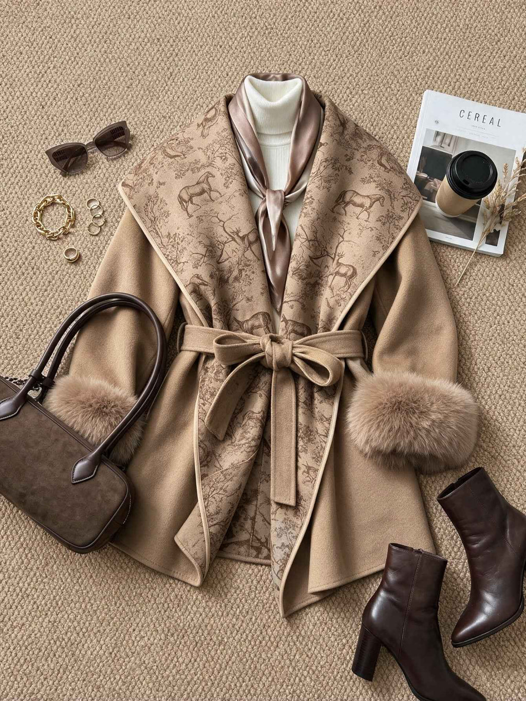 Women's Furry Cuff Lapel Belted A-Line Tweed Coat Jacket