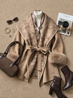 Women's Furry Cuff Lapel Belted A-Line Tweed Coat Jacket