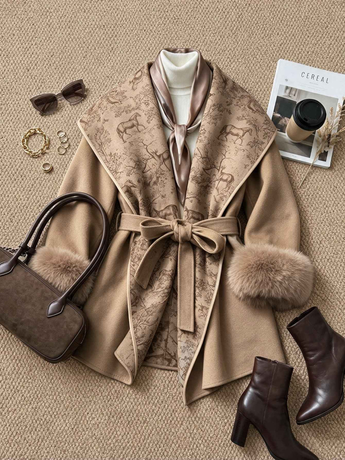 Women's Furry Cuff Lapel Belted A-Line Tweed Coat Jacket