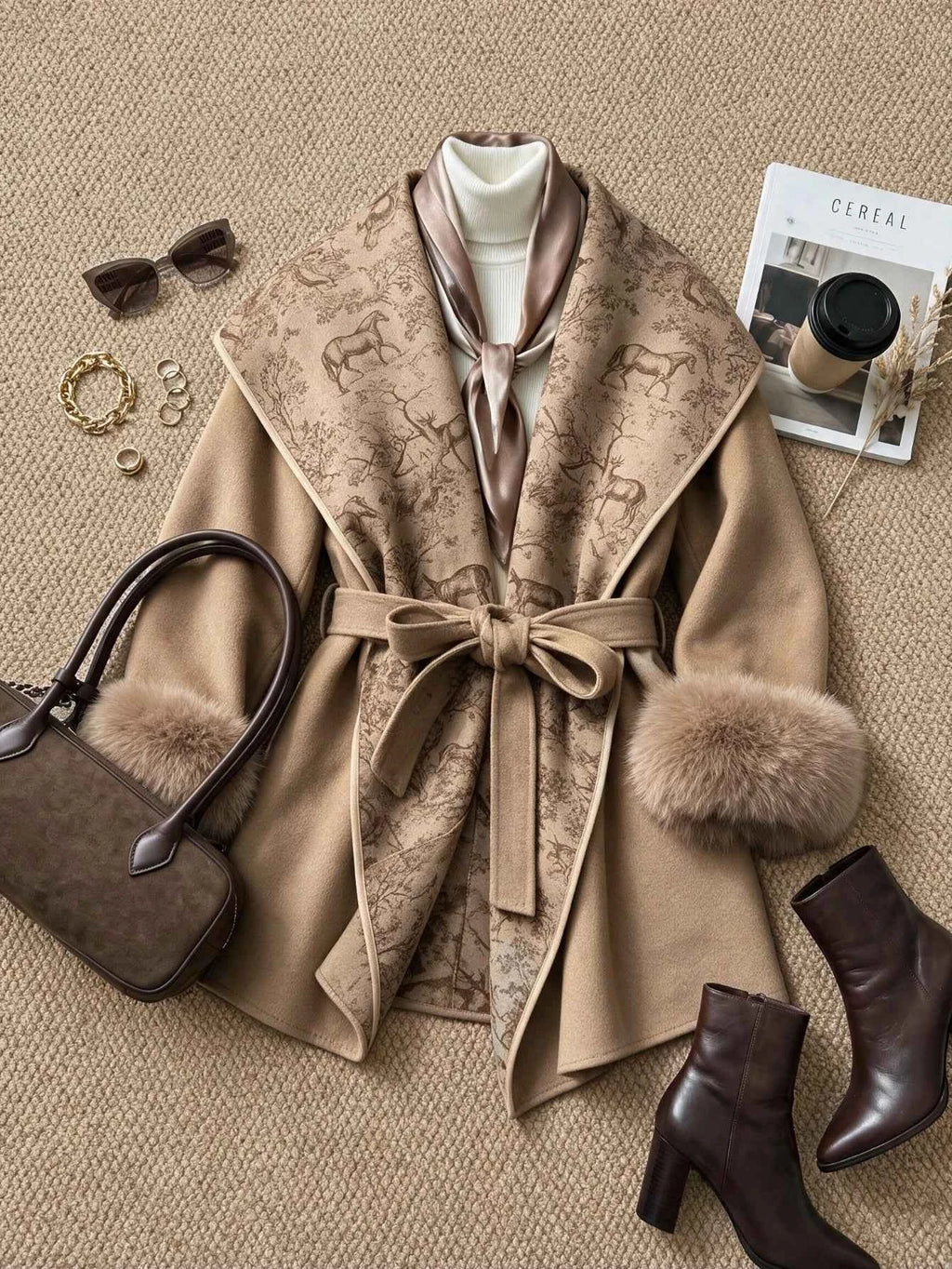 Women's Furry Cuff Lapel Belted A-Line Tweed Coat Jacket