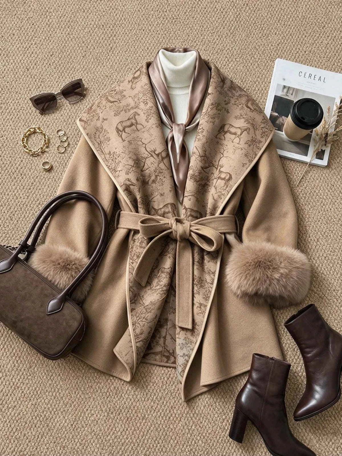 Women's Furry Cuff Lapel Belted A-Line Tweed Coat Jacket