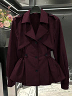 Plus Size Women's Long Sleeve Cinched Waist Trench Coat Fall - Burgundy