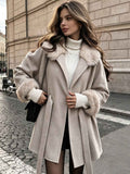 Women's Casual Wool Belted Coat With Faux Fur