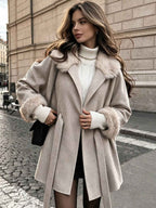 Women's Casual Wool Belted Coat With Faux Fur