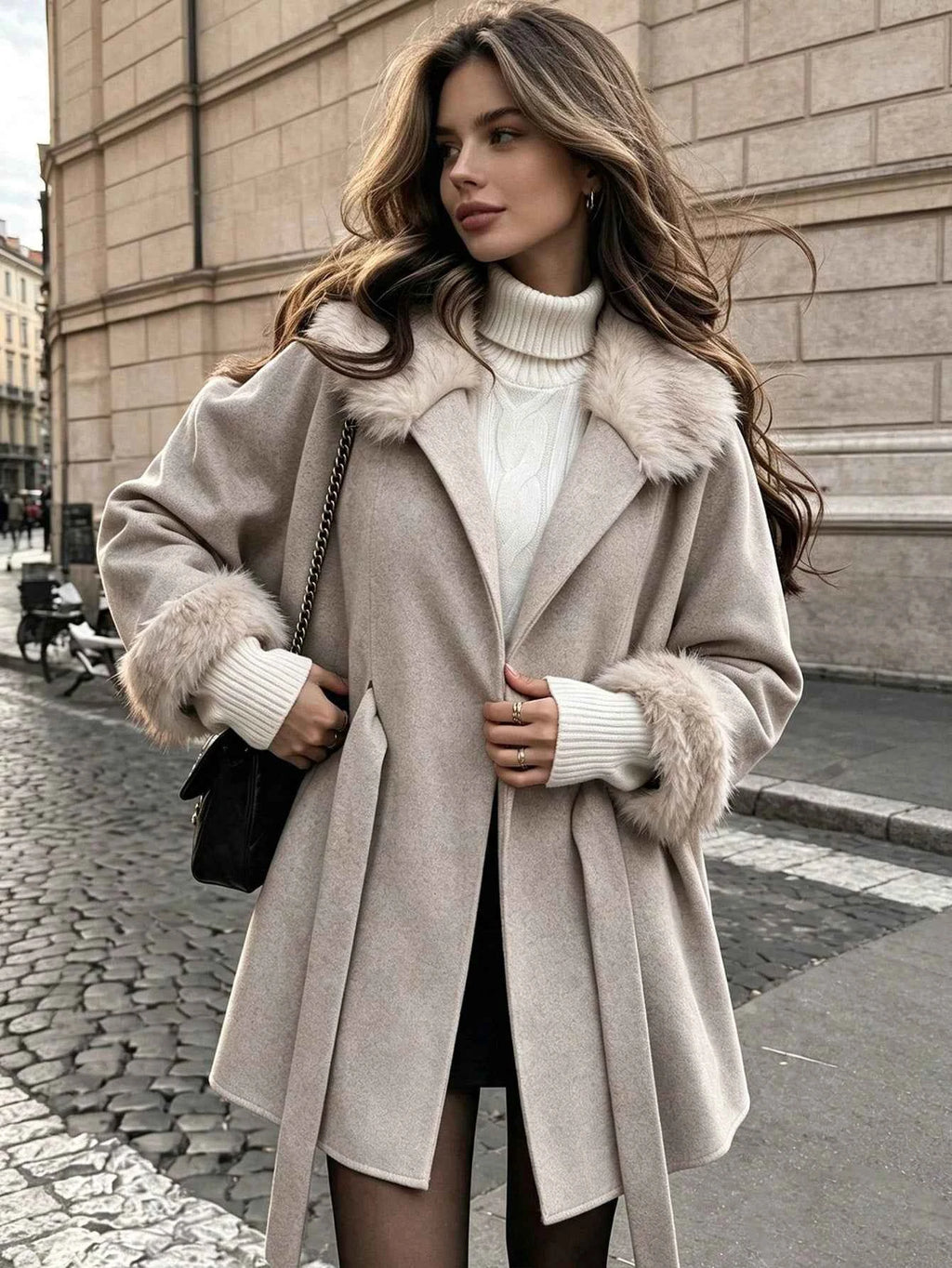 Women's Casual Wool Belted Coat With Faux Fur