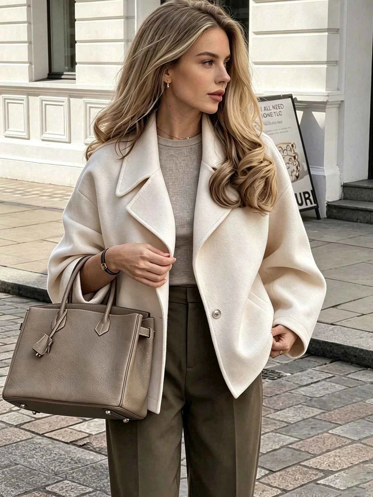 Cream White Soft Wool Lapel Coat