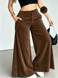 Plus Size Women's High Waist Wide Leg Corduroy Pants - Coffee Brown