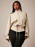 Plus Size Brown High Neck Cinched Waist Trench Coat - Apricot
