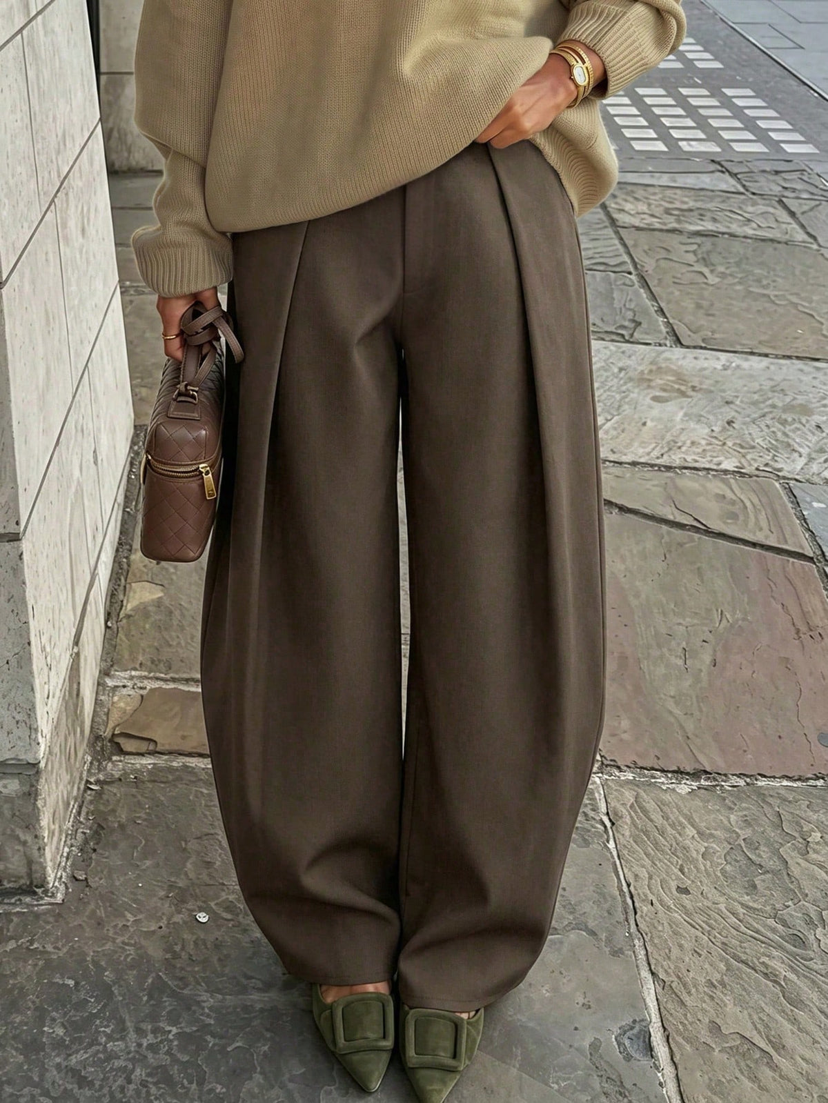 High Waist Slim Maxi Pants - Brown
