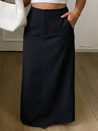 Fitted A-Line Long Skirt With Slit - Black