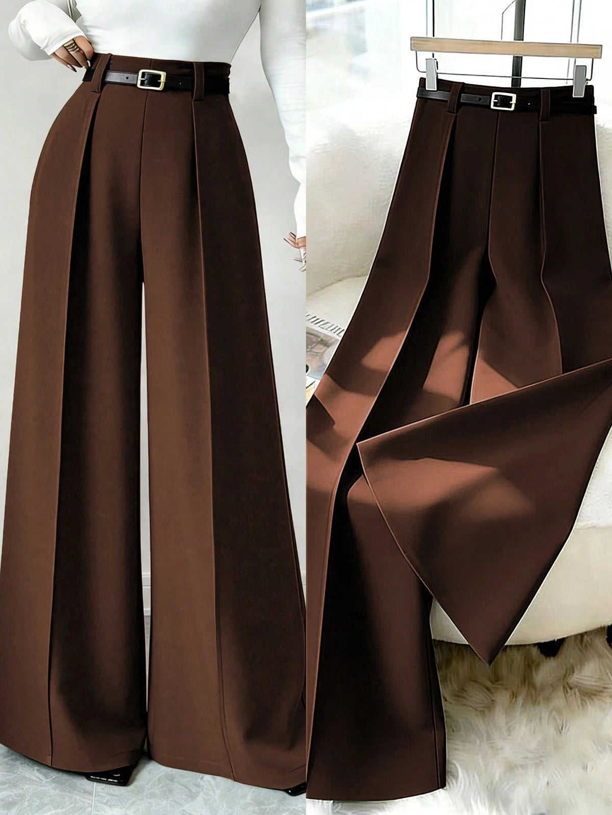 Women's Black High Waist Pleated Wide Leg Suit Pants