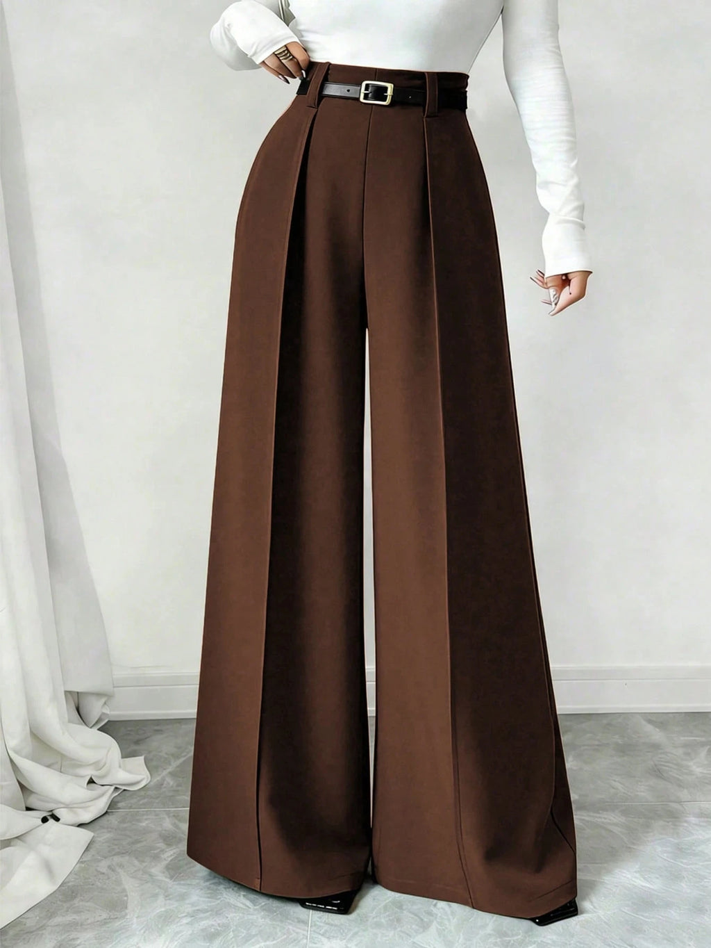 Women's Black High Waist Pleated Wide Leg Suit Pants