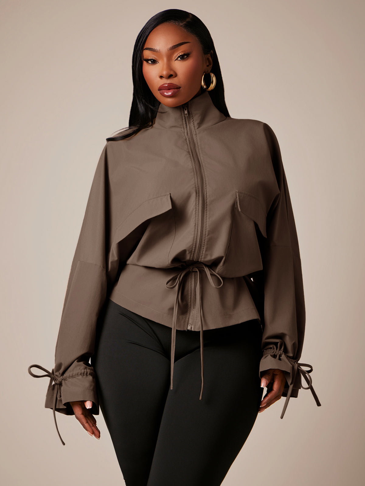 Plus Size Brown High Neck Cinched Waist Trench Coat - Mocha Brown