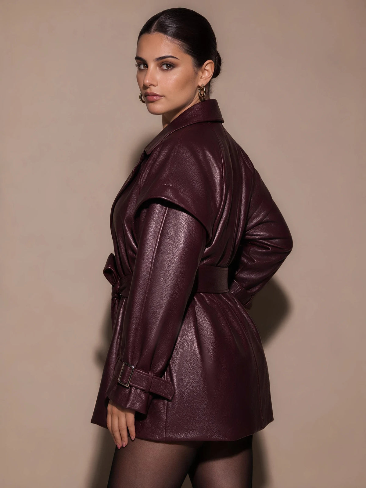 Plus Size Burgundy Cropped Trench Coat