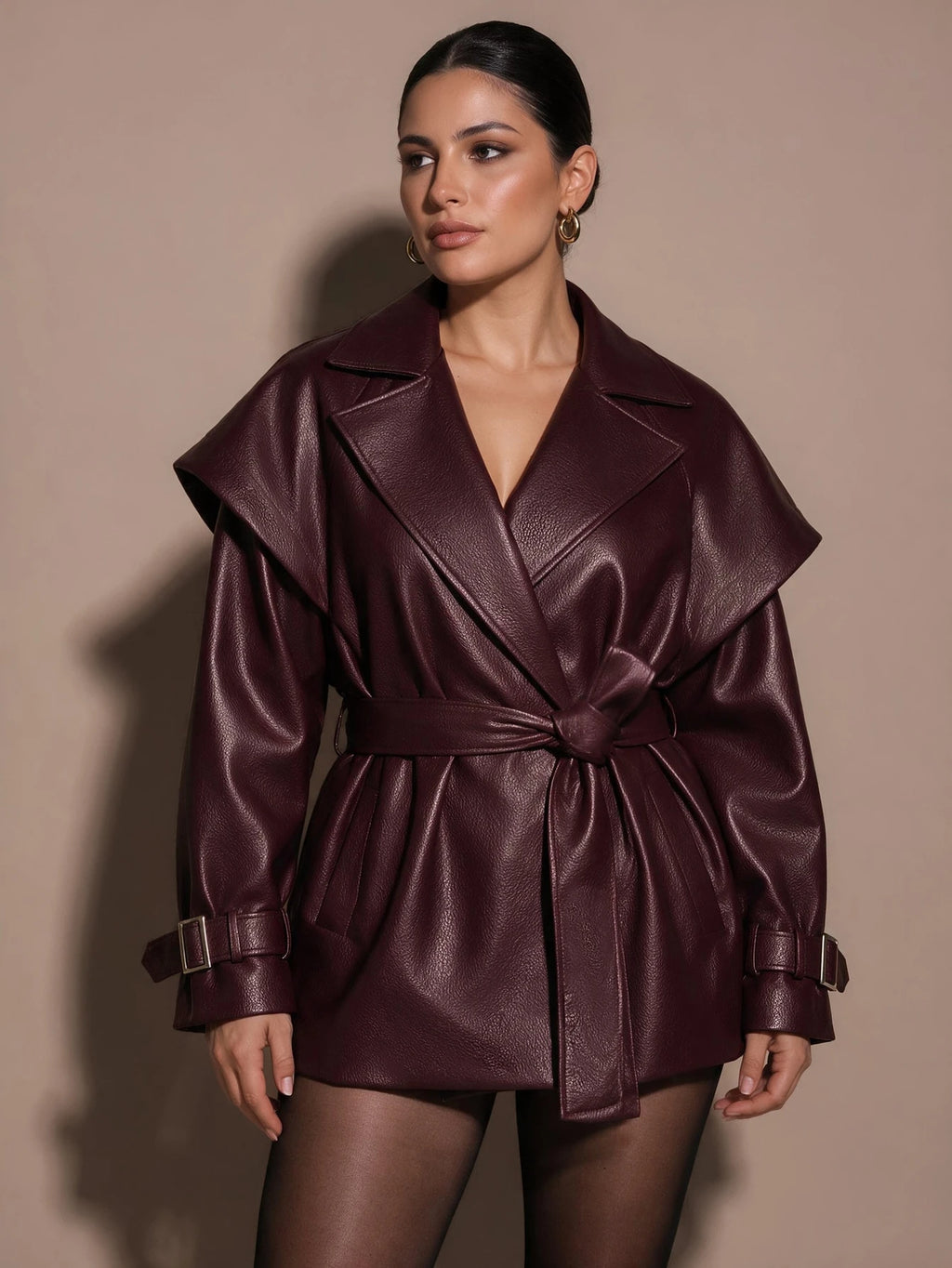 Plus Size Burgundy Cropped Trench Coat