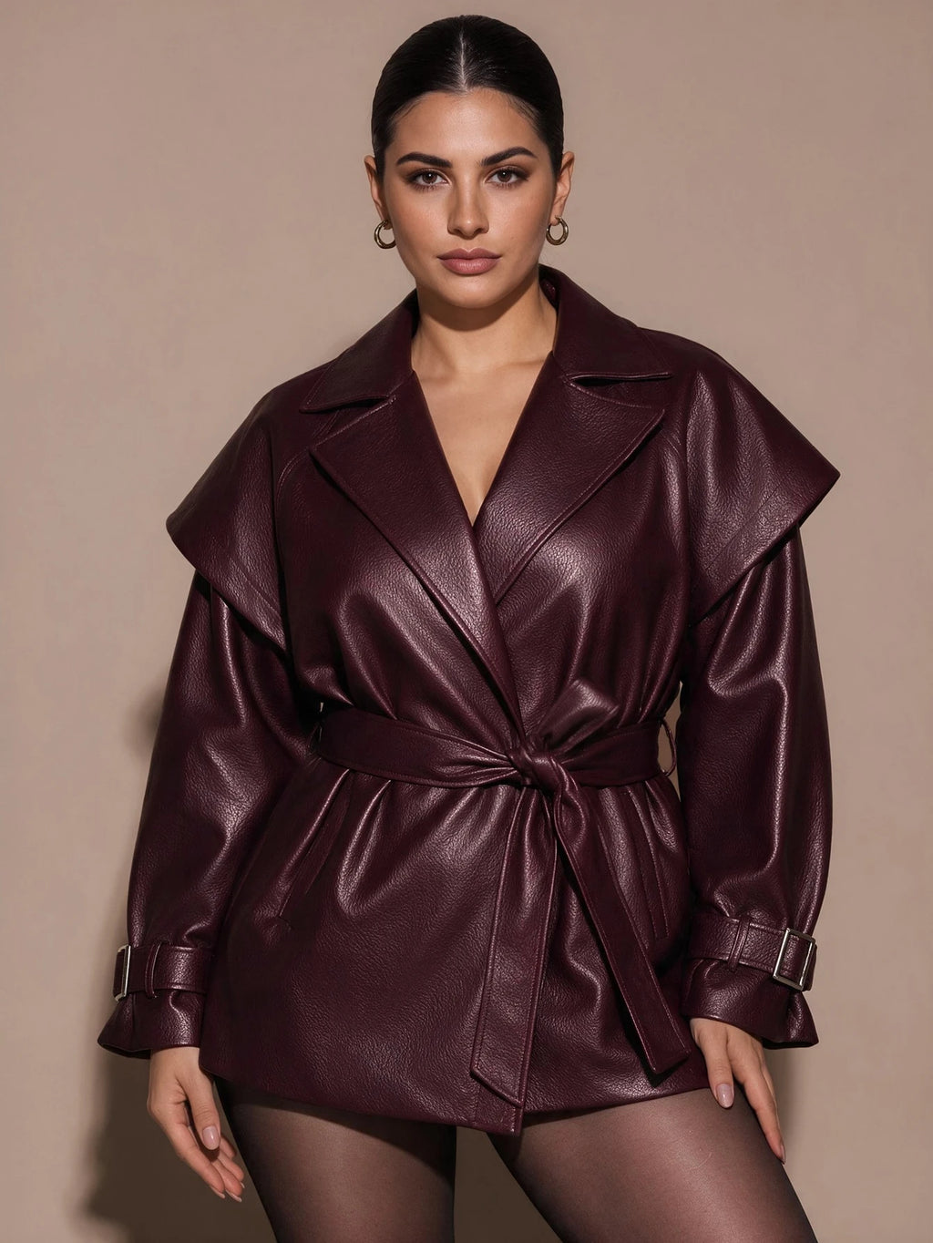 Plus Size Burgundy Cropped Trench Coat