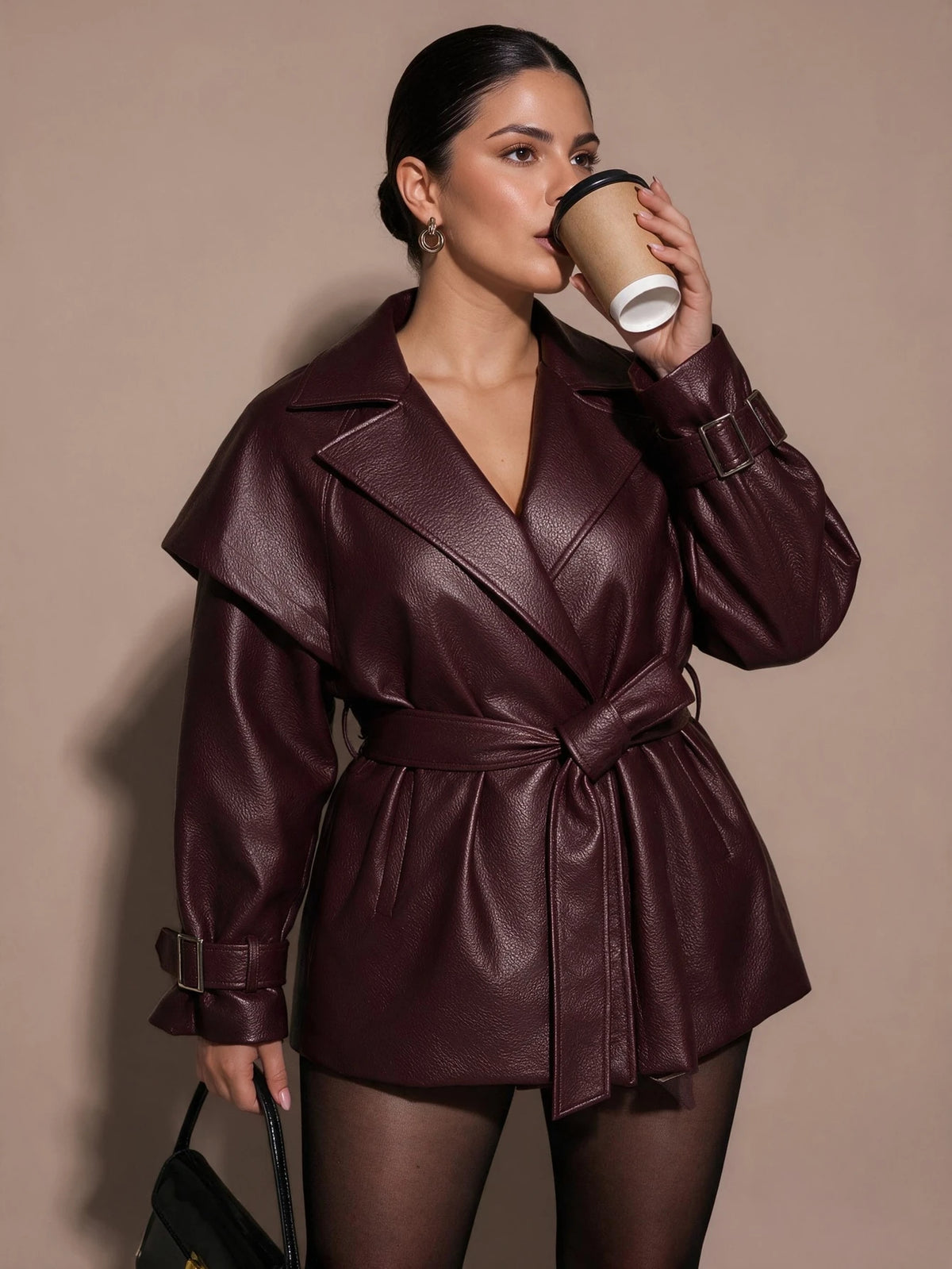 Plus Size Burgundy Cropped Trench Coat
