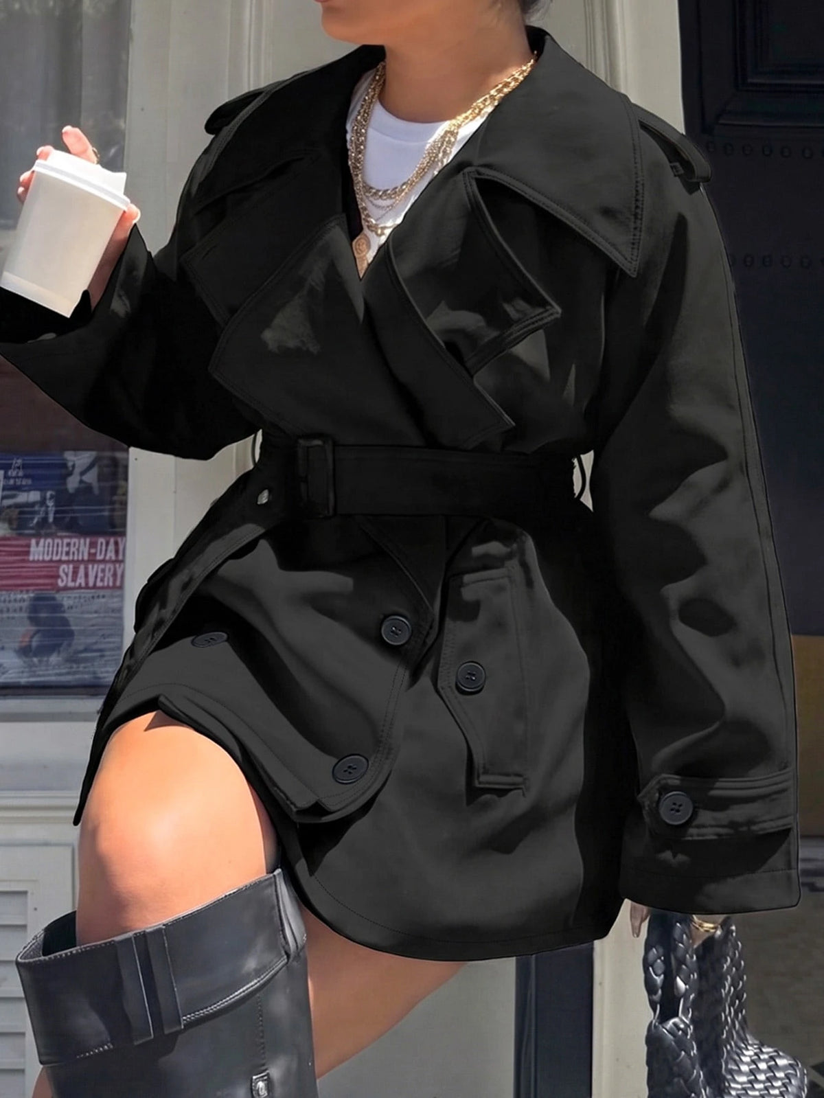 Plus Size Women Solid Color Lapel Double-Breasted Trench Coat
