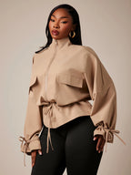 Plus Size Brown High Neck Cinched Waist Trench Coat