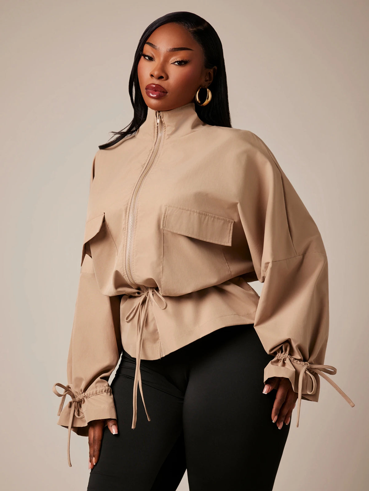 Plus Size Brown High Neck Cinched Waist Trench Coat