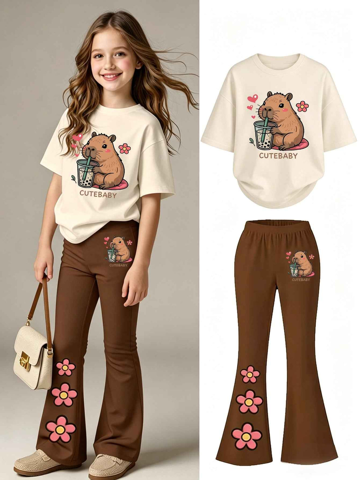 Girl Leopard Print Bow Graphic T-Shirt And Flare Pants Set