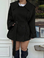 Plus Size Women Solid Color Lapel Double-Breasted Trench Coat