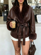 Women's Plus Size Faux Fur Collar Tie Waist Leather Jacket