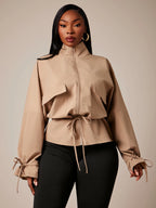 Plus Size Brown High Neck Cinched Waist Trench Coat