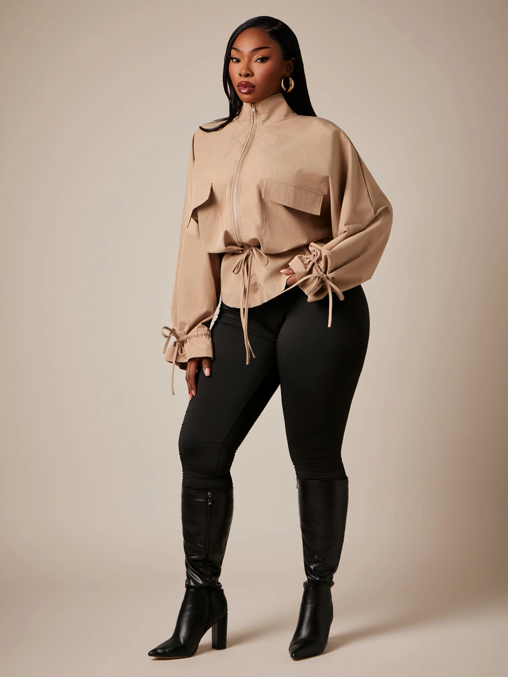Plus Size Brown High Neck Cinched Waist Trench Coat