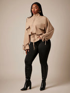 Plus Size Brown High Neck Cinched Waist Trench Coat