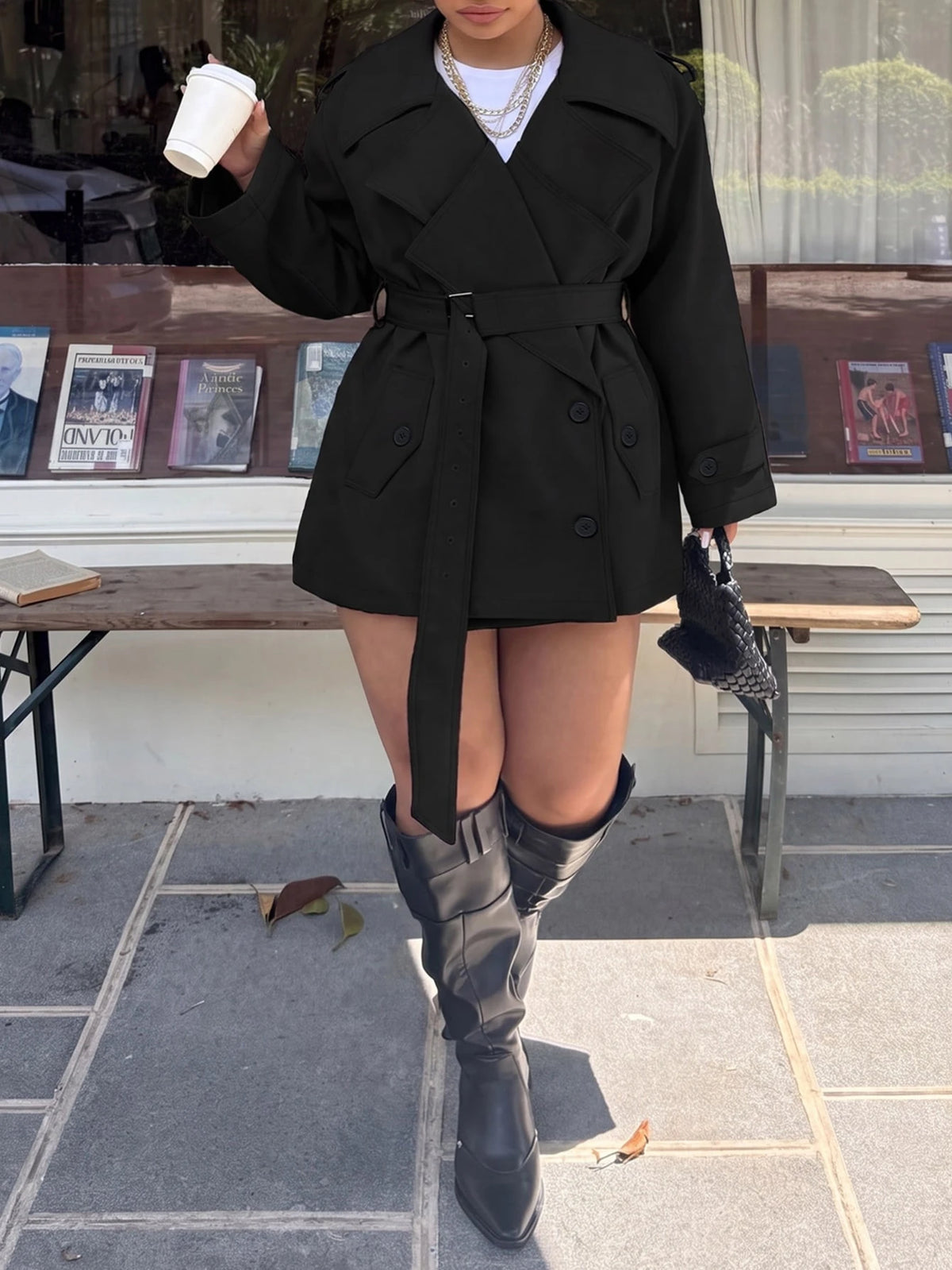 Plus Size Women Solid Color Lapel Double-Breasted Trench Coat