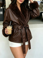 Women's Plus Size Faux Fur Collar Tie Waist Leather Jacket