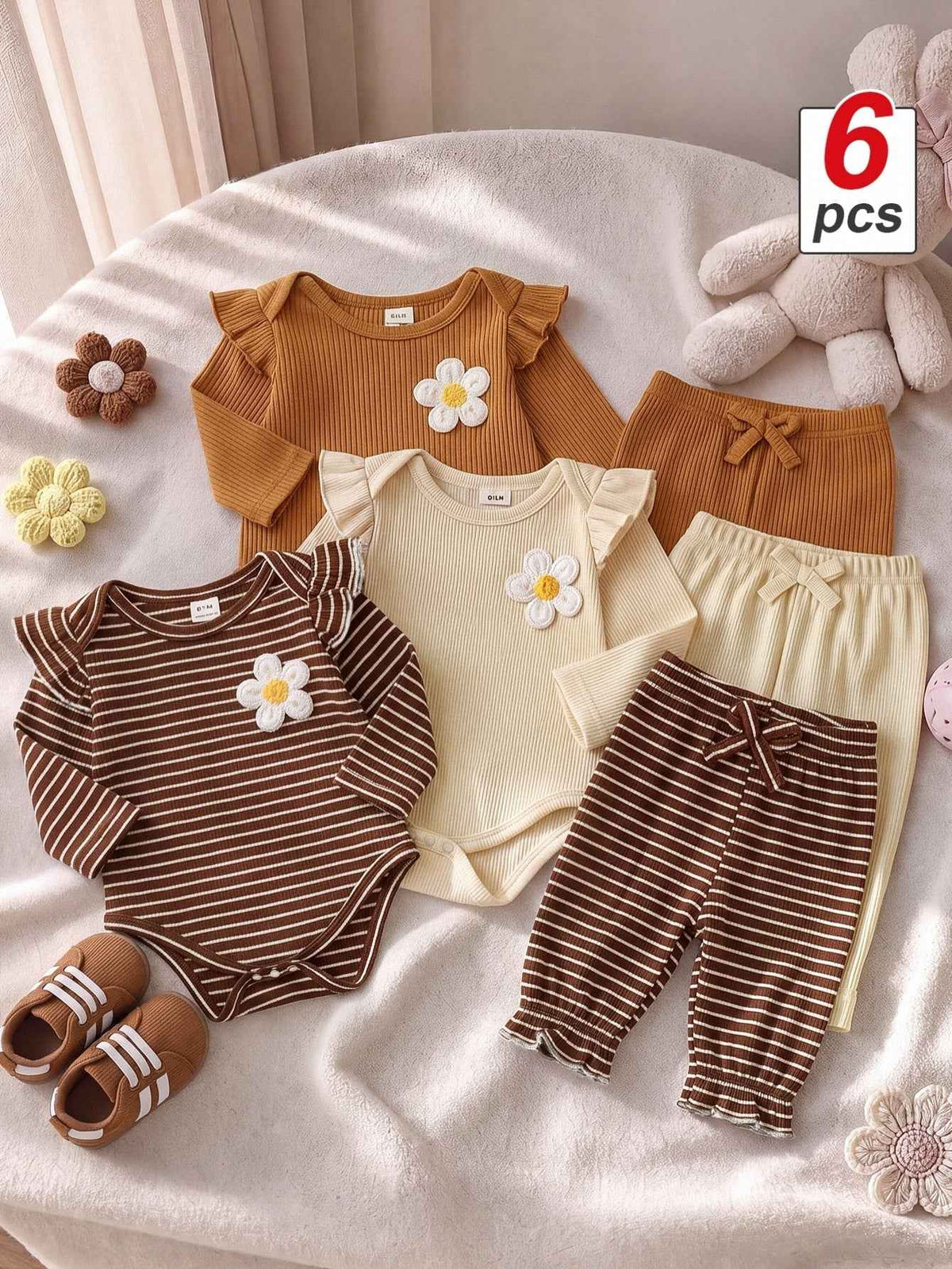 3 Sets Baby Girls Bodysuit and Pants Set
