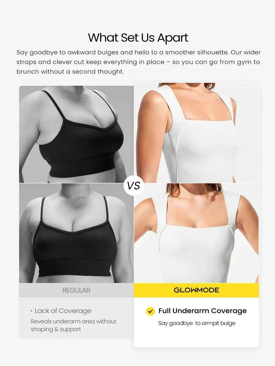 GLOWMODE FeatherFit™ Haut Débardeur Basique à Encolure Carrée Longueur Hanche Entière Basse Impact Yoga Pilates Studio Quotidien avec Bonnets Amovibles Printemps Été