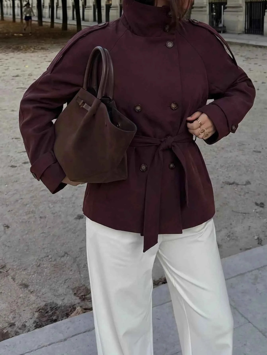 Women's Elegant Burgundy Windbreaker Trench Coat