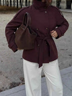 Women's Elegant Burgundy Windbreaker Trench Coat